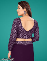 Silkra Glam Thread Embroidered Lace Plain Saree With Work Blouse And Belt