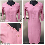 Pink Self Design Cotton Silk Womens Casual Kurta