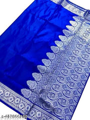 GET BEAUTIFUL SILVER ZARI BANARSI SILK SAREE WID HEAVY PALLU