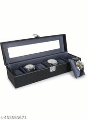 WatchBox Holder Case in 6 slots  Black Rexine & Black velvet (Black, case 6 Watches)