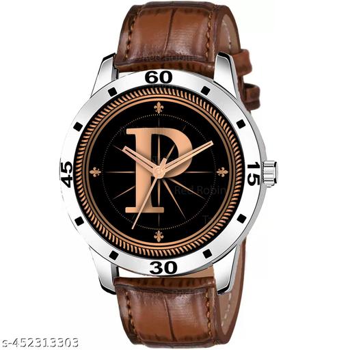 Skoal Analog Round Black Dial ALPHABET P Design Stylish Brown Leather Strap Classic Design Fancy Wrist Watch for Men and Boys, Pack of 1 - ALPHA-P-AVO-SIL-DBRW-CRL