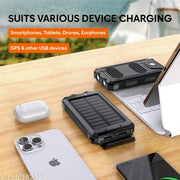ONBIZ Solar Power Bank with LED Flashlight, Compass & Carabiner, 10000mAh with 2 USB Ports Output, 1 Type C in/Out, 1 Micro Input, Black
