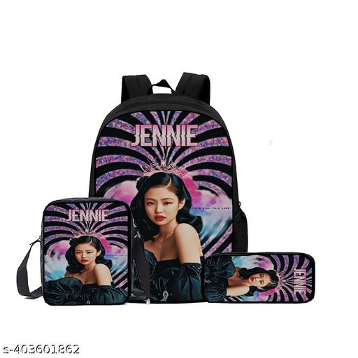maxall BLACKPINK Kpop Casual School Bag with Lunch Bag & Pencil Pouch, School/College Bag for Girls and Boys Backpack (Combo of 3-Size Bags)(Black)