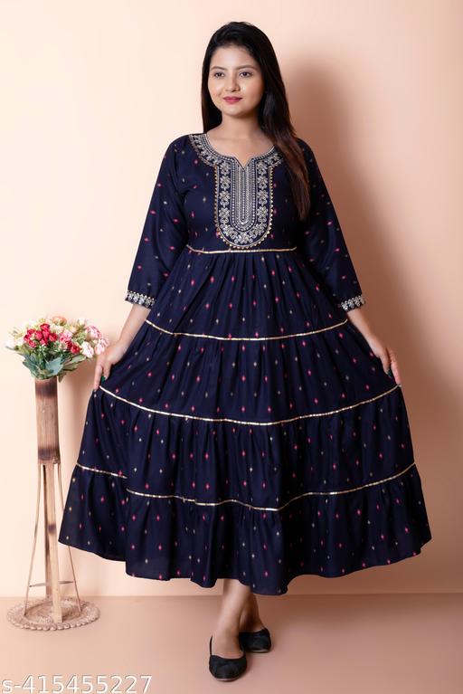 Elegant Rayon Printed EmbroideryWomen's Kurta - Perfect Blend of Style and Comfort(Blue)