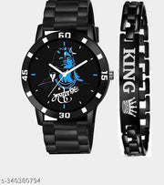 New stylish amazing analogue watches combo with bracelet wrist watch rubber strap belt black colour watch for boys & men
