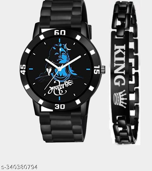 New stylish amazing analogue watches combo with bracelet wrist watch rubber strap belt black colour watch for boys & men