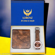 Lorenz Gift Combo Set of Texture Brown Analog Watch & Hi-Quality PU Wallet for Men | CM-3092WL-56