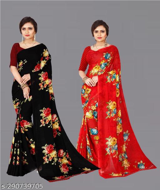 Combo Floral Sarees, Set of 2, Georgette Printed Sarees With Blouse Piece