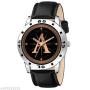 Prathshya Analog Round Black Dial ALPHABET A Design Stylish Black Leather Strap Classic Design Fancy Wrist Watch for Men and Boys, Pack of 1 - ALPHA-A-AVO-SIL-BLK-L
