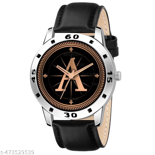 Prathshya Analog Round Black Dial ALPHABET A Design Stylish Black Leather Strap Classic Design Fancy Wrist Watch for Men and Boys, Pack of 1 - ALPHA-A-AVO-SIL-BLK-L
