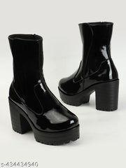 STRASSE PARIS | Women's Glossy Black Patent High-Ankle Platform Boots | Side Zipper Chunky Block Heel Lug Sole Boots for Girls