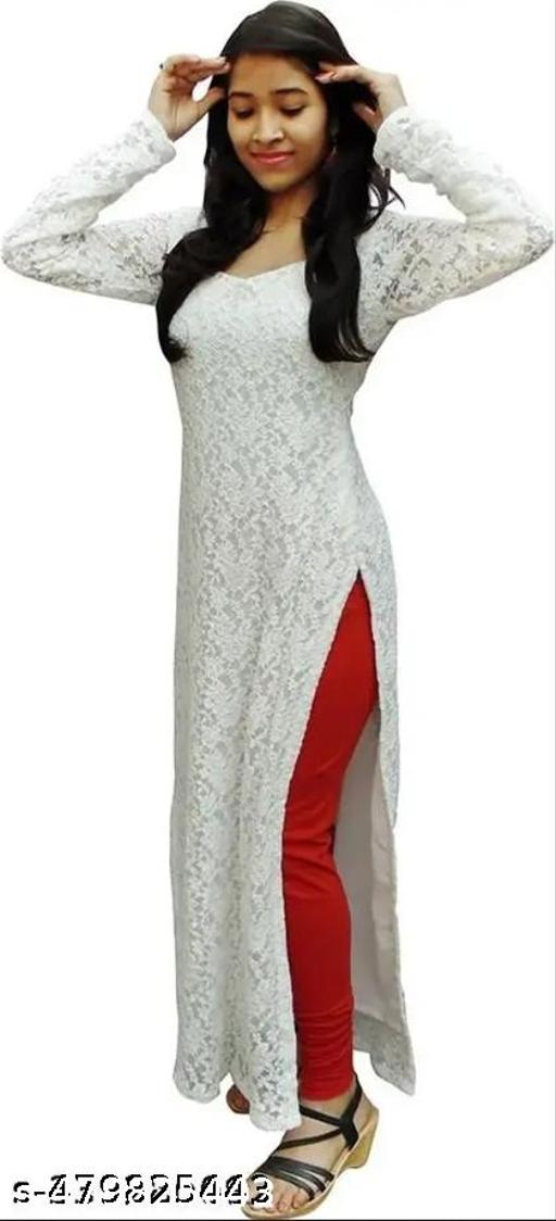 Net Embroiderd Stright White Kurti