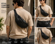 Stylish Black Faux Leather Waist Bag / Crossbody Sling Bag