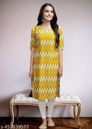 Casual American Crepe Round-Neck 3/4 Length Sleeves Geometric Printed Straight Yellow  Kurti (45"Inches)