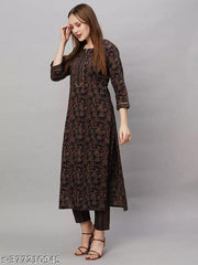 Cotton Kurtis Women's Blue Printed Cotton Kurti Set kurta set (kurta set under 300)