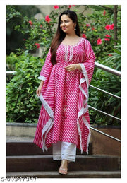 Trendy Pink Lehriya Print Cotton Kaftan having Aari work & Lace