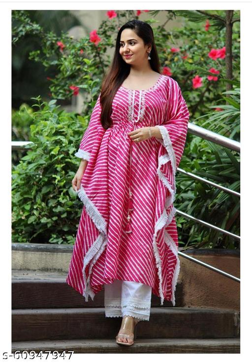 Trendy Pink Lehriya Print Cotton Kaftan having Aari work & Lace