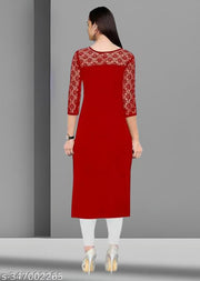 Casual American Crepe And Net Round-Neck 3/4 Length Sleeve  Red Kurti (45"Inches)