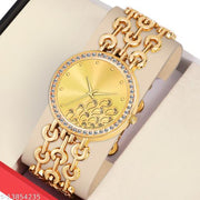 HRV Women Peacock Dial Chain Gold Watch