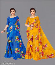 Combo Floral Sarees, Set of 2, Georgette Printed Sarees With Blouse Piece