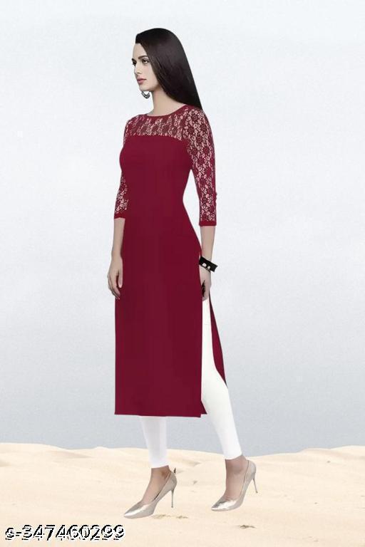 Polyster/Crepe fabric-Casual And Round-Neck 3/4 Length Sleeves Maroon Kurti (45"Inches)
