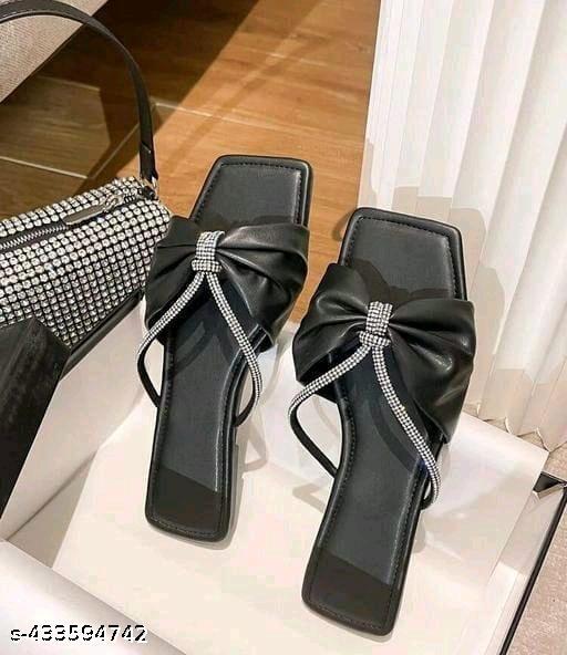 Women’s Stylish Black Square Toe Flats | Slip-On Sandals with Bow & Rhinestone Knot Accent | Lightweight Cushioned Sole Footwear for Office, Party, Shopping, Evening Outings, Casual & Semi-Formal Wear