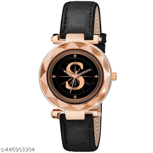 Skoal Analog Round Black Dial ALPHABET S Design Stylish Black Leather Strap Classic Design Fancy Wrist Watch for Women and Girls, Pack of 1 - ALPHA-S-GEN-RG-BLK-L