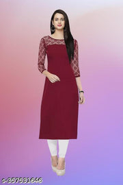 Polyster/Crepe fabric-Casual And Round-Neck 3/4 Length Sleeves Maroon Kurti (42"Inches)