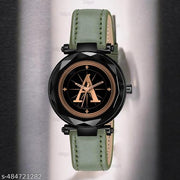 Talgo Analog Round Black Dial ALPHABET A Design Stylish Green Leather Strap Classic Design Fancy Wrist Watch for Women and Girls, Pack of 1 - ALP-A-GEN-BK-GRN-L