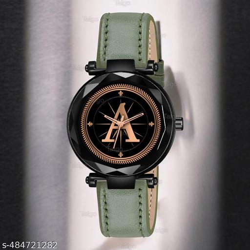 Talgo Analog Round Black Dial ALPHABET A Design Stylish Green Leather Strap Classic Design Fancy Wrist Watch for Women and Girls, Pack of 1 - ALP-A-GEN-BK-GRN-L