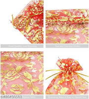 3A Featuretail 25 Pc Net Fabric Drawstring Pouches for Dry Fruits/Small Gifts, Jewellery Packing | Organza Shagun Potli, Wedding or Return Gifts Potli Bags (Red and Golden Printed, 23Cm X 17Cm)