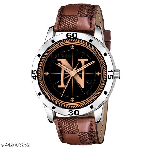 Talgo Analog Round Black Dial ALPHABET N Design Stylish Brown Leather Strap Classic Design Fancy Wrist Watch for Men and Boys, Pack of 1 - ALPHA-N-AVO-SIL-BRW-CHL