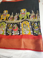 Dola Silk Kalamkari Print Jacquard Border Traditional wear saree for Women || Gift for Ladies on Wedding | Onam | Pongal | Navratri