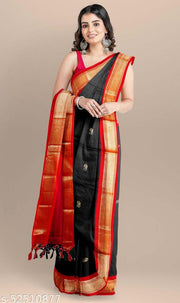Paithani Cotton Silk Black Tassels and Latkans Saree With Blouse