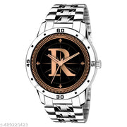 Krolexe Analog Round Black Dial ALPHABET R Design Stylish Silver Stainless Steel Strap Classic Design Fancy Wrist Watch for Men and Boys, Pack of 1 - ALP-R-AVO-SIL-STL