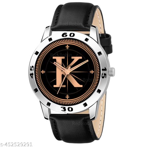 SKOAL Analog Round Black Dial ALPHABET K Design Stylish Black Leather Strap Classic Design Fancy Wrist Watch for Men and Boys, Pack of 1 - ALPHA-K-AVO-SIL-BLK-L -1