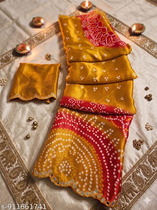 Mustard Yellow & Red Silk Bandhani Saree with Mirror Work Border and Matching Blouse Piece