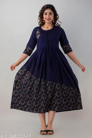 New Stylish Gold Print Rayon Anarkali Long Flared Kurti