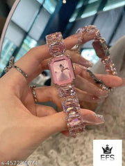 EFS Fashion Brand Wrist Watches Women Girl Beautiful Rectangle Colorful Gems Design Steel Metal Band Clock S72 02 - Rose gold pink