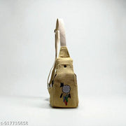 Beige Hemp Sling Bag with Dreamcatcher Print | Eco-Friendly Crossbody Shoulder Backpack for Women & Men | Adjustable Strap Travel College Casual Multipocket Boho Style Bag