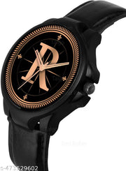 Prathshya Analog Round Black Dial ALPHABET R Design Stylish Black Leather Strap Classic Design Fancy Wrist Watch for Men and Boys, Pack of 1 - ALPHA-R-3K-BLK-L