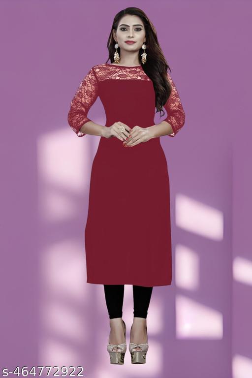 Casual American Crepe and Round Neck 3/4 Legnth Sleeve Maroon Kurti (45"inches)