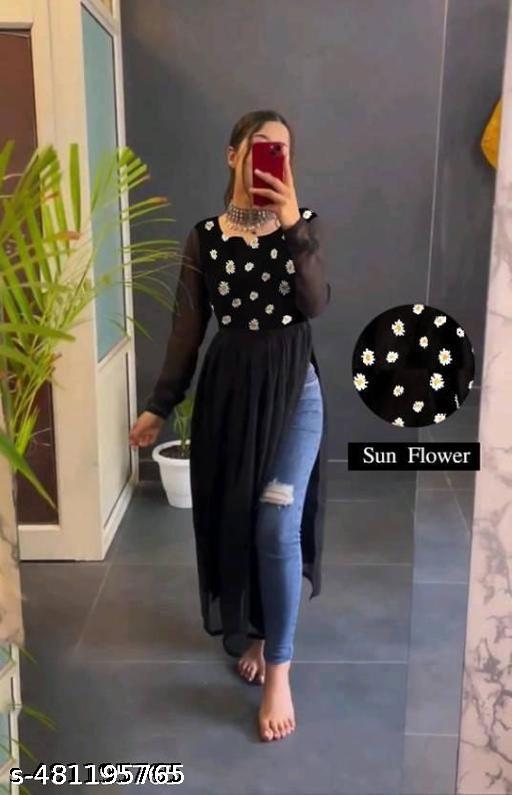 Polyster/Crepe fabric-Sunflower Printed Naira Cut Kurti