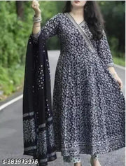 Black Premium Printed Designer Anarkali Embroidery Women Rayon Kurta With Pant And Cotton Dupatta