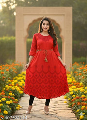 Women Cute Fashionable Festive  Stylish Embroidered Long Sleeves & Round Neck Kurti