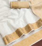 Top trending latest party wear / wedding Women's Jacquard Rapier Weaving White Cotton Silk Saree with Gold Zari Border & Rich Pallu | Traditional Festive Wear Saree