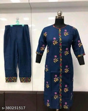 Cotton Kurtis Embroidery Women's Printed Pattern Cotton Kurti with Pant kurta set (Grey)