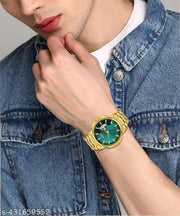 Day&Date Function Watch With Green Dial and Golden Chain belt  Analog Watch for Men