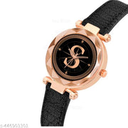 Skoal Analog Round Black Dial ALPHABET S Design Stylish Black Leather Strap Classic Design Fancy Wrist Watch for Women and Girls, Pack of 1 - ALPHA-S-GEN-RG-BLK-CUTL