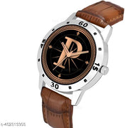 Skoal Analog Round Black Dial ALPHABET P Design Stylish Brown Leather Strap Classic Design Fancy Wrist Watch for Men and Boys, Pack of 1 - ALPHA-P-AVO-SIL-DBRW-CRL